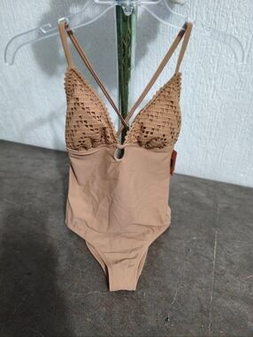 Crochet Top One-Piece Swimsuit in Nude Size XS And S